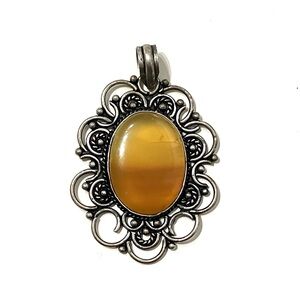 Silver Tone Filigree Banded Orange Stone Pendant